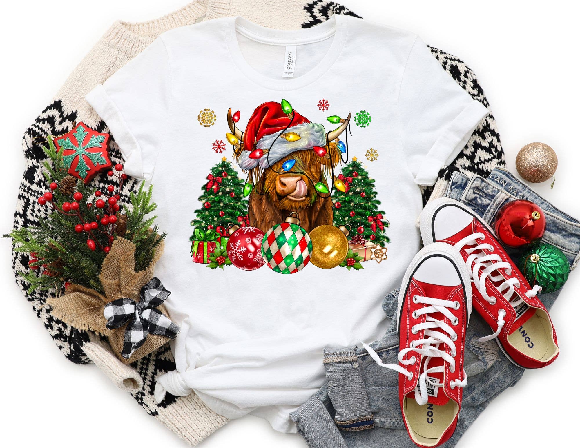 The Shirt Company - Wholesale T-Shirt (Graphic) - Women's - Highland Cow Christmas Ornament Shirt - Cow Christmas Shirt0