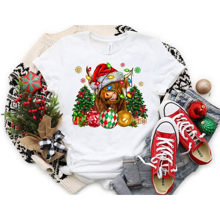 The Shirt Company - Wholesale T-Shirt (Graphic) - Women's - Highland Cow Christmas Ornament Shirt - Cow Christmas Shirt