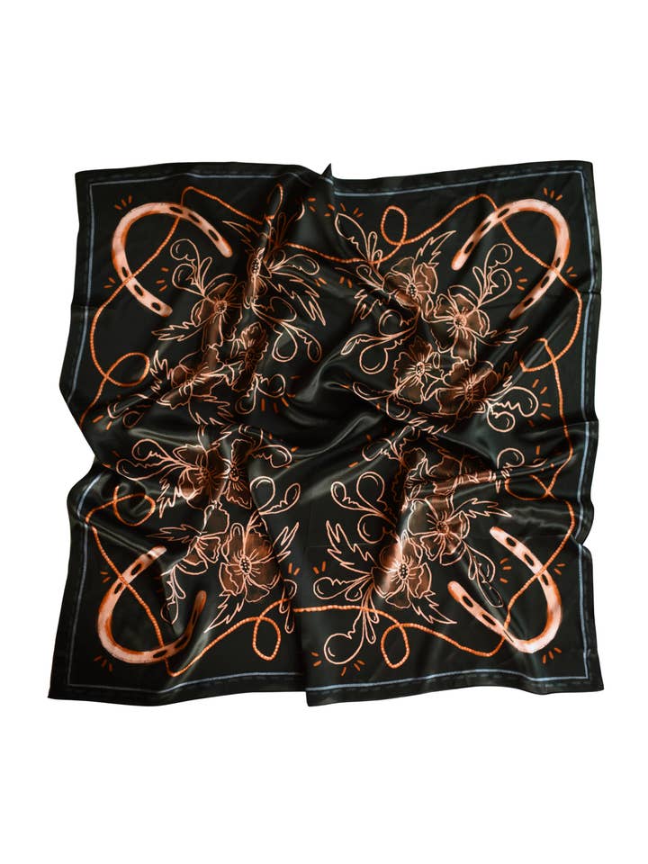 Navy Floral Horseshoe Cowgirl Scarf: Large 100% Mulberry Silk 35x35 Western Wild Rag for wholesale by Tirzah Lane Art