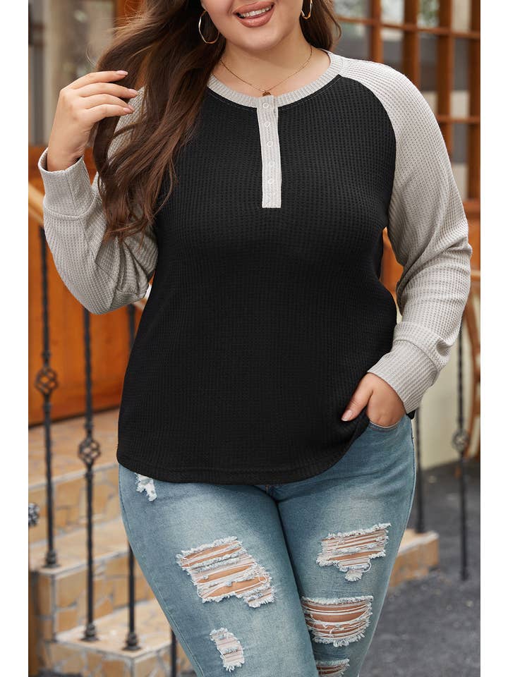 Black Plus Size Waffle Knit Buttoned Henley Top for wholesale on Faire