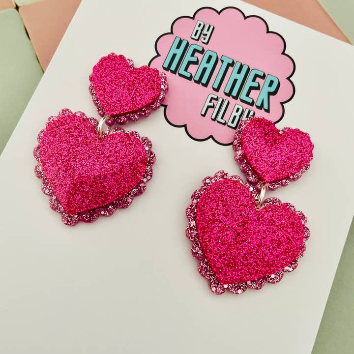 By Heather Filby - Wholesale Dangle Earrings - Frilly Double Heart Glitter Resin Earrings (More Colours)1