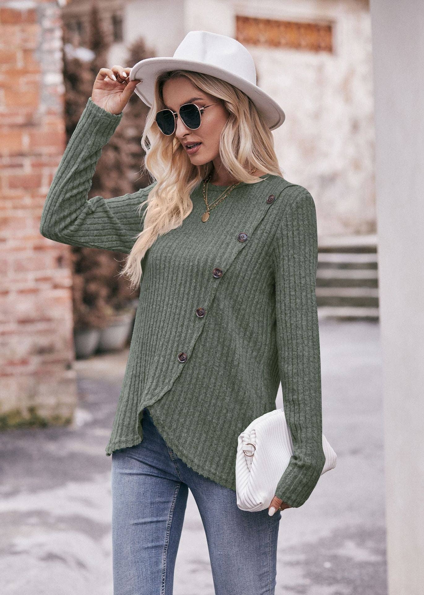 Lovesoft - Wholesale Knit Top - Women's - Round Neck Pit Strip Polished Tulip Hem Solid Color Button T-shirt14