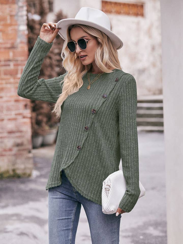 Lovesoft - Wholesale Knit Top - Women's - Round Neck Pit Strip Polished Tulip Hem Solid Color Button T-shirt14