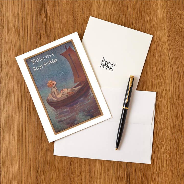 Found Image Press – Großhandel Briefpapier-/Postkarten-Set – Grußkarte HB-394 Alles Gute zum Geburtstag, kleiner Prinz im Segelboot1