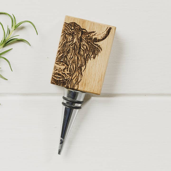 Highland Cow Oak Bottle Stopper for wholesale by Selbrae House Ltd