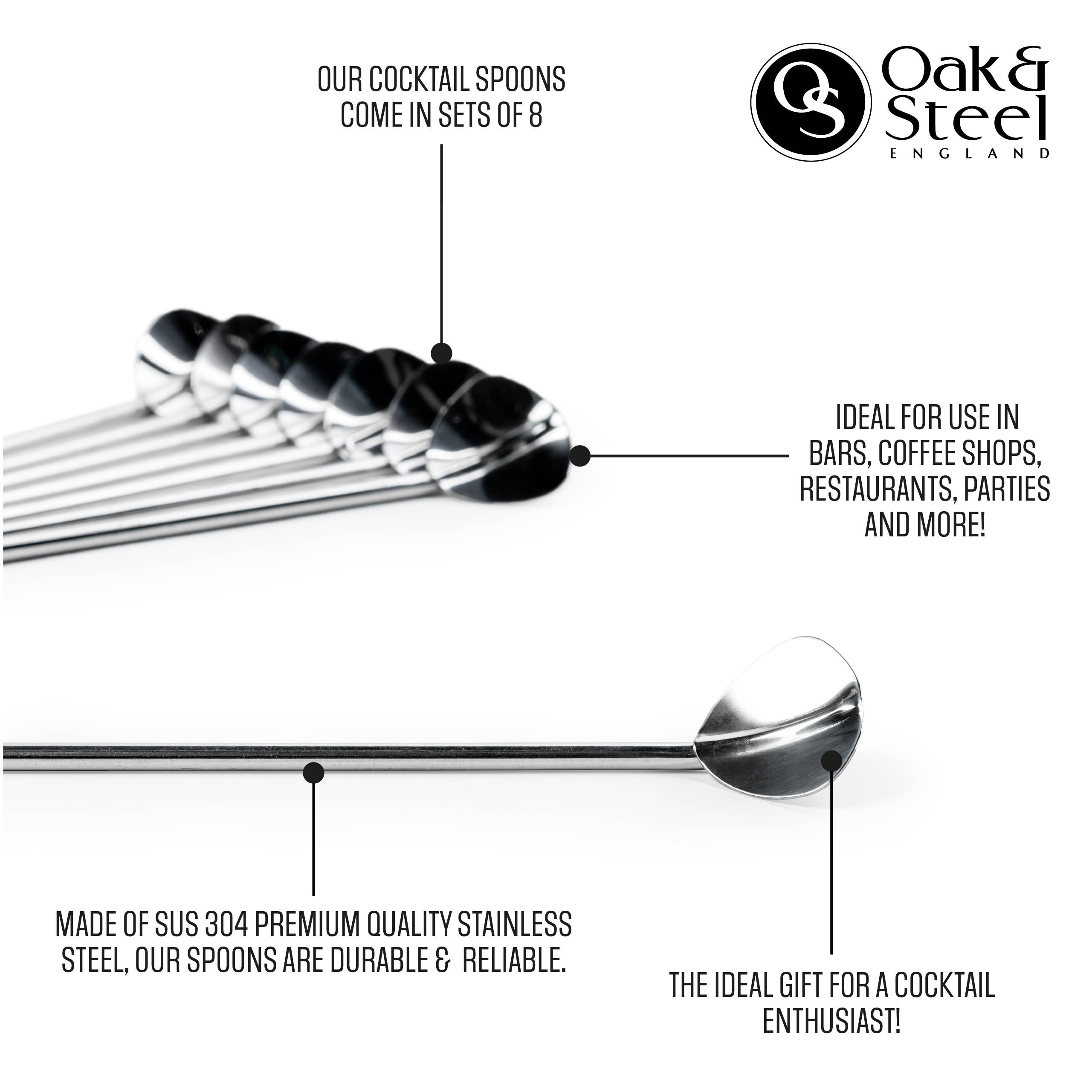 Oak & Steel - Wholesale Mixing Spoon - 8 Stainless Steel Cocktail Mixing Spoons/Stirrers - 20cm2