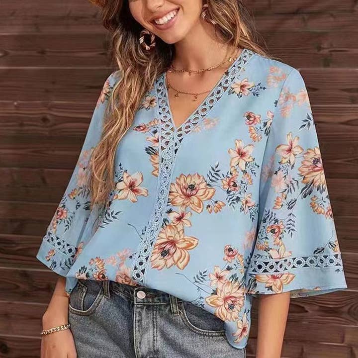 Loose print lace blouse for wholesale by Lily Clothing