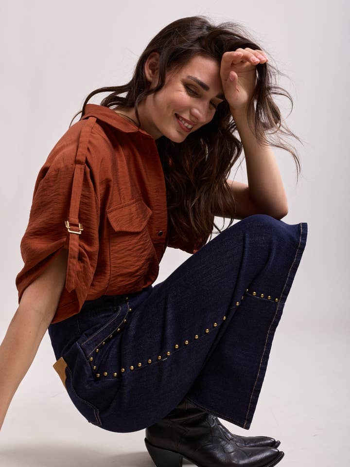 Toxik3 jupe jean droite stretch mi-longue fendue details clous for wholesale by Toxik3