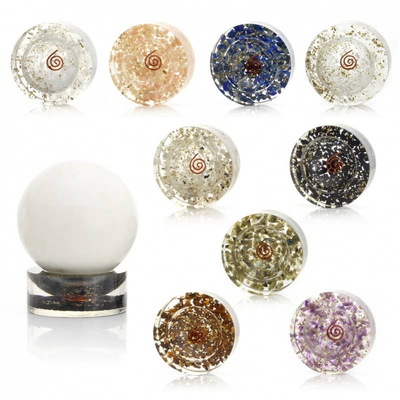 UniArt – wholesale Andlig sten/kristall – Orgonitebas för sfär med kopparspiral och stenskärvor10