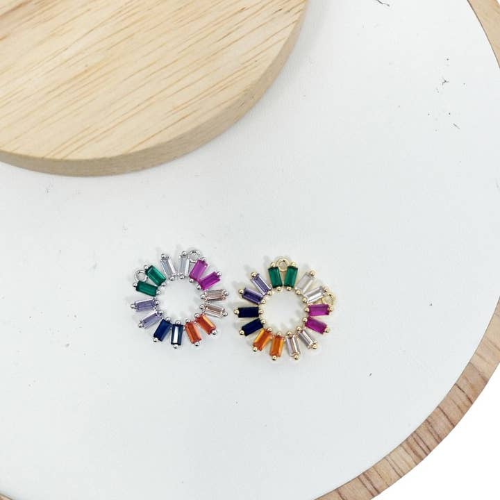Aim Eternal - Wholesale Individual Charm/Pendant - On Sale! CLEARANCE! Rainbow Stone Charm, Colorful Coin Double Bail Pendant, Rainbow Baguette Charm with 2 Loops For Necklace Jewelry Making, White Gold Filled CZ Connector, F-2141