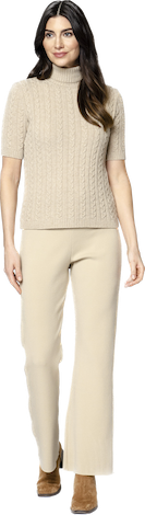 Biana - Wholesale Knit Top - Women's - Lea Short Sleeved Cable-Knit Turtleneck, Beige2