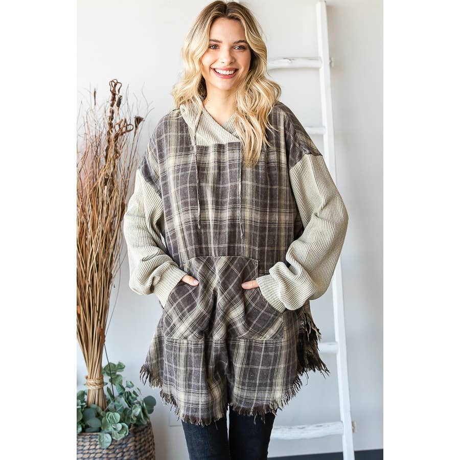 Oli&Hali - Vente Sweat à capuche – femme - PULL À CAPUCHE À CARREAUX DÉLAVÉ AVEC OURLET BRUT ET MANCHES LONGUES8