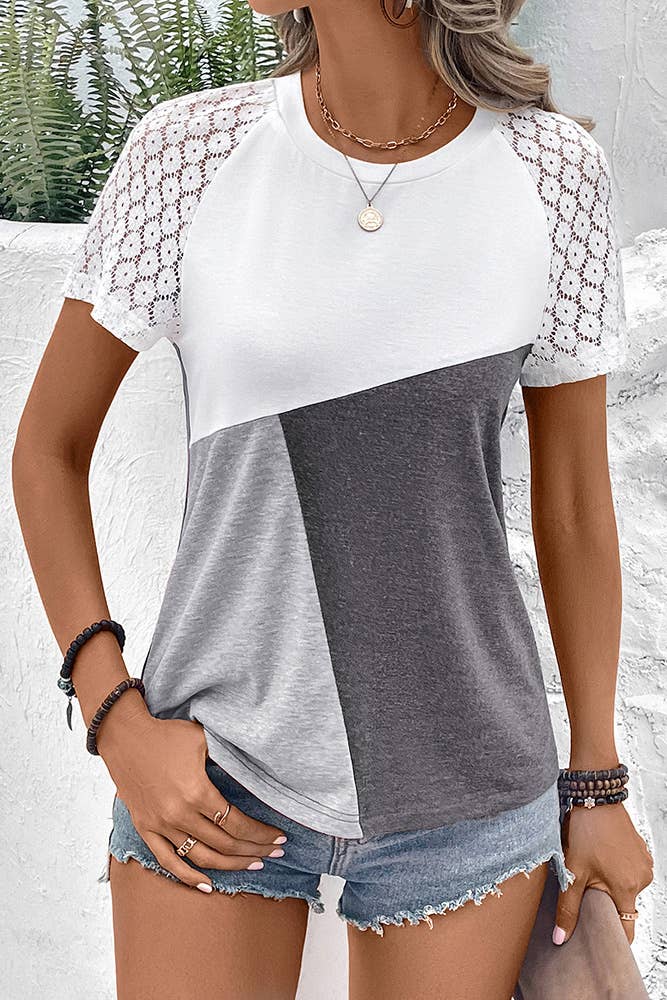 UNISHE - Wholesale Knit Top - Women's - Color Block Lace Sleeves Top YBL05813