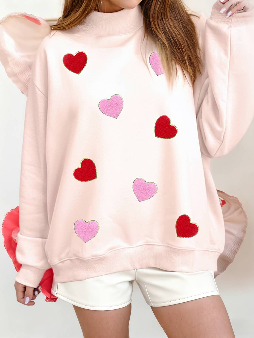 1 the Woman - Vente Sweat-shirt – femme - Sweat-shirt à col montant avec patch cœur en chenille pour la Saint-Valentin1