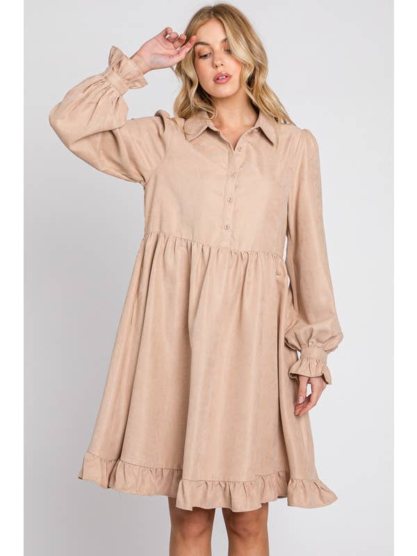 Calista - Wholesale Dress - Women's - BRUSHED TEXTURE WOVEN RUFFLE DETAILED KNEE DRESS- FD40648 9