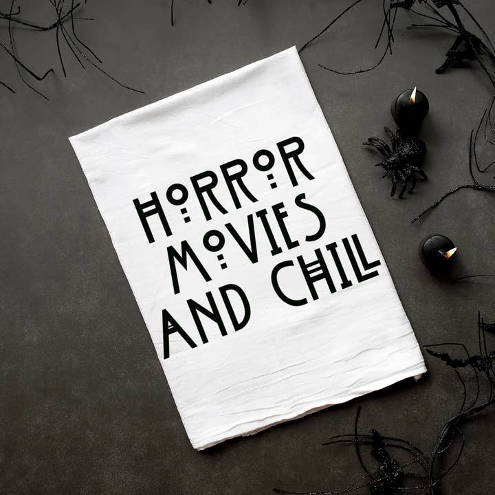 Halloween Horror Movies and Chill Kitchen Towel for wholesale by Love You a Latte Shop