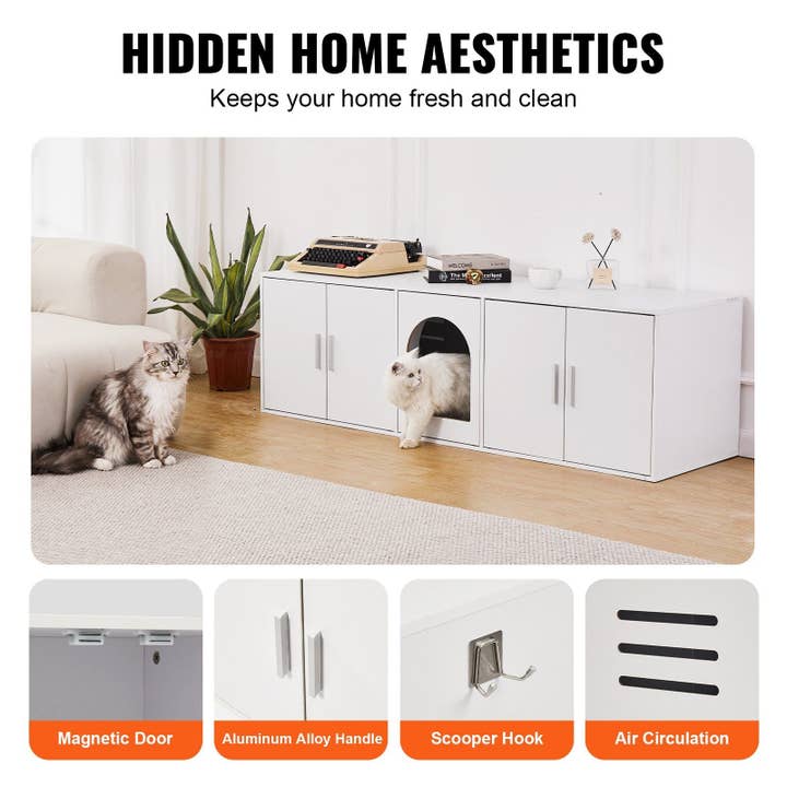 Naomi's Happy Place Shop - Wholesale Cabinet - Cat Litter Box Enclosure Wooden Litter Box Furniture Hidden 57.9" White6