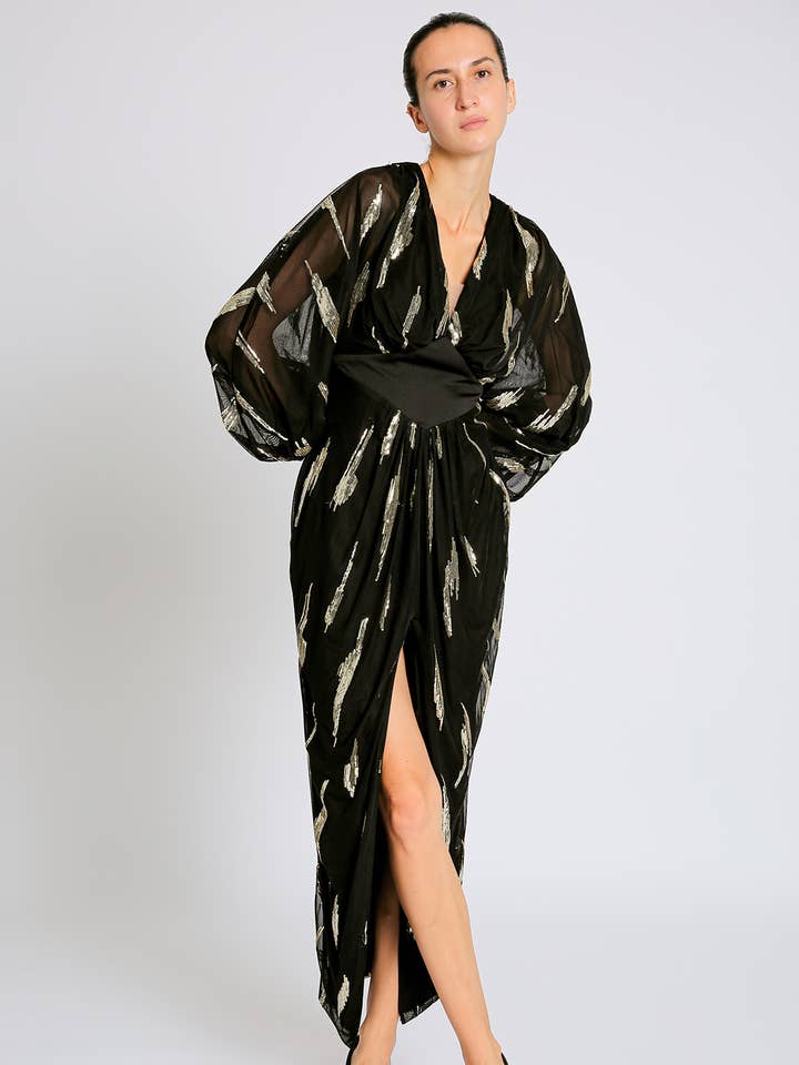 Durchsichtiges Maxikleid mit V-Ausschnitt und Paillettendetail PC3552 für den Großhandel von Beulah Style