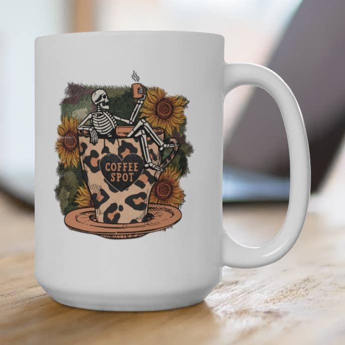 Coffee Spot Leopard Sunflower Skeleton White Ceramic Mug for wholesale by Erin Decker Creative