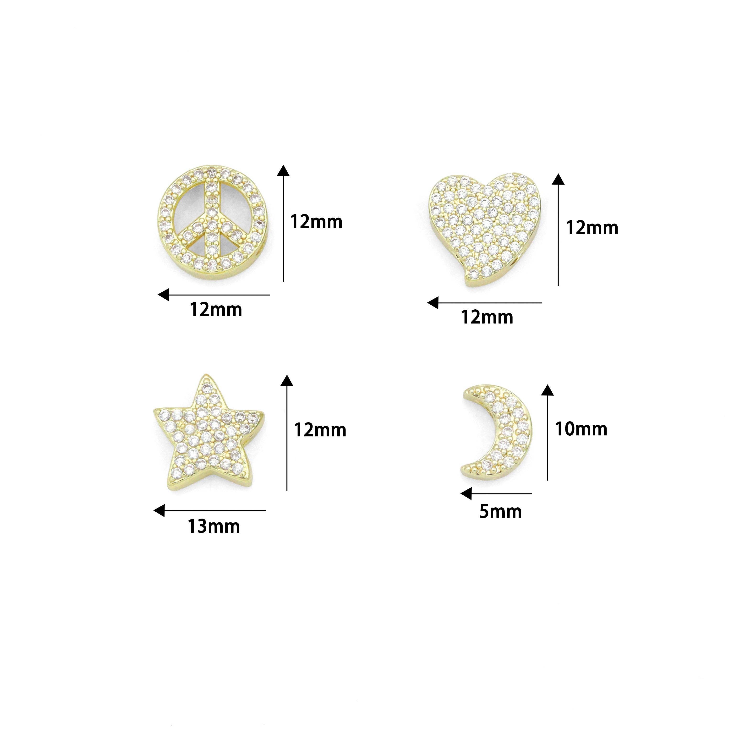 BestBeads&Beyond - Wholesale Individual Charm/Pendant - Clear CZ Gold Silver Heart Star Cresent Moon peace sign spacer beads Charm Pendant, Sku#LX9455