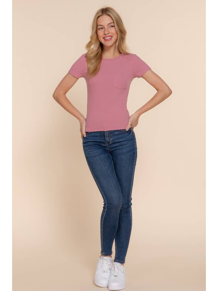 Active Basic | Active USA - Wholesale Knit Top - Women's - Short Sleeve Crew Neck with Pocket Rayon Spandex Rib Top