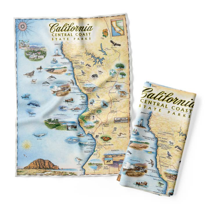 Kaart van California Central Coast State Parks keukenhanddoek voor wholesale door XPLORER MAPS