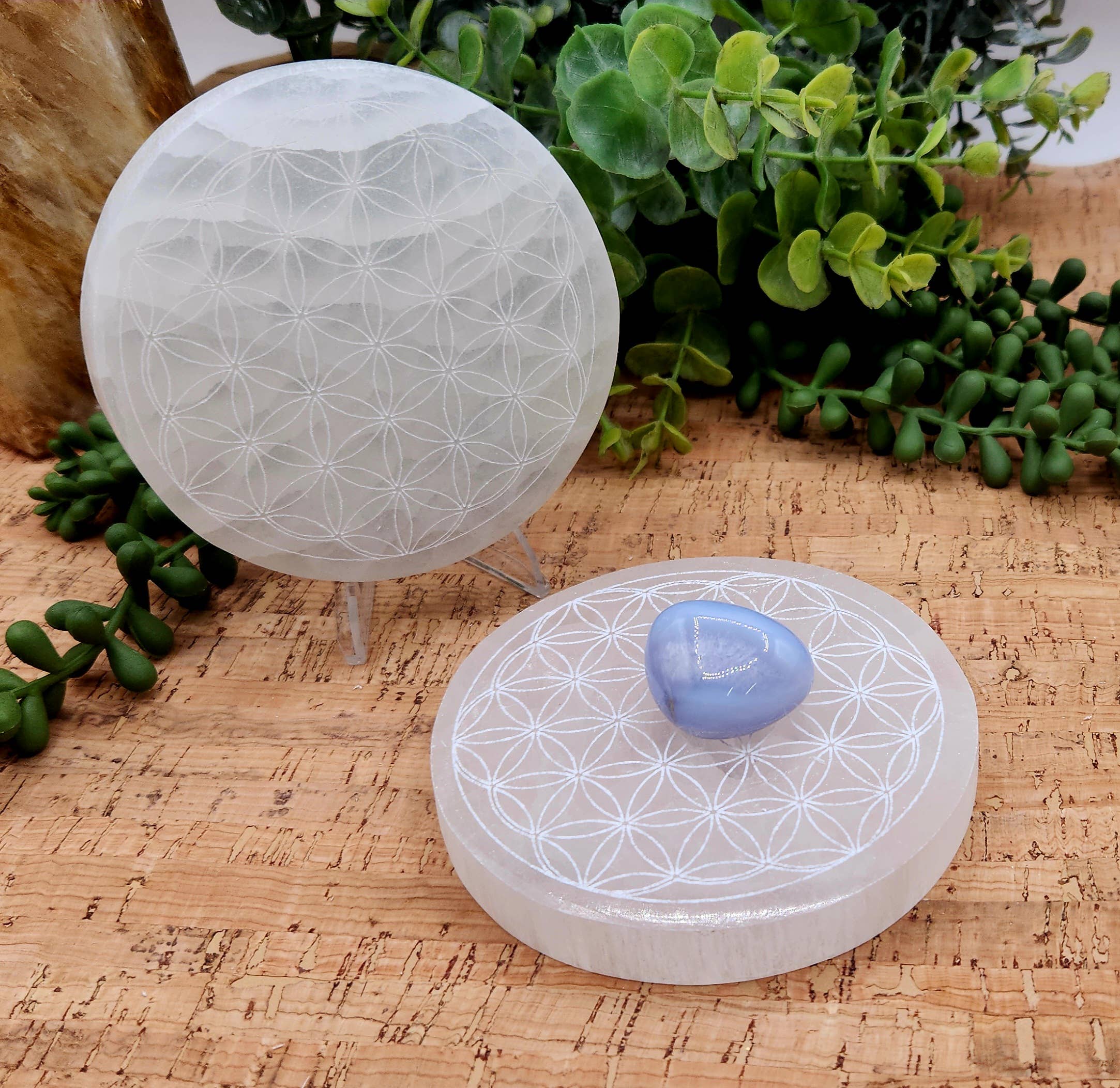 Meraki Gemstones - Wholesale Spirituele steen/kristal - Ronde opladingsplaat/onderzetter van seleniet - Gebeitst met Levensbloem, 8 cm5