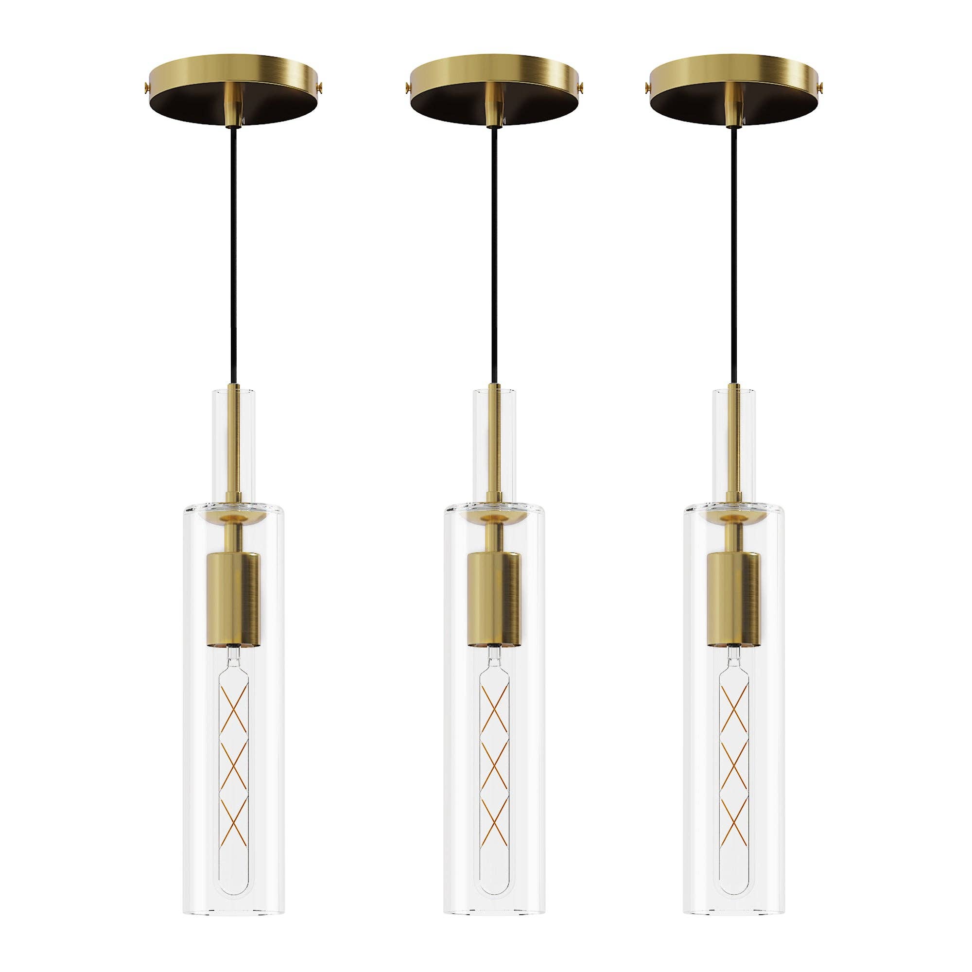 39F Inc. - Vente Lustre/Suspension - Lot de 3 suspensions dorées style ferme moderne avec abat-jour en verre8
