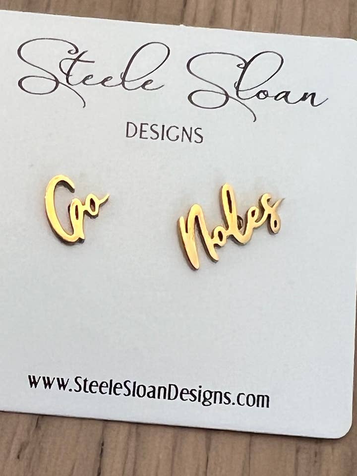 Go Noles Cute Game Day Gold Stud Earrings, FSU Seminoles for wholesale by Steele Sloan Designs
