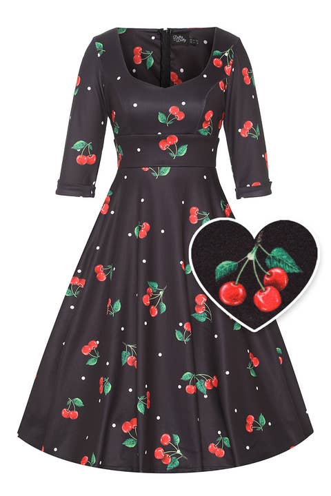 Scarlette Black Sweetheart Neckline Cherry Long-Sleeved Dress for wholesale by Dolly & Dotty