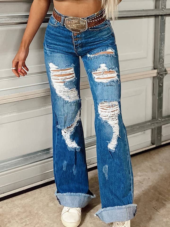 Distressed Straight-Leg Jeans with Cuffed Hem for wholesale by Mccolin
