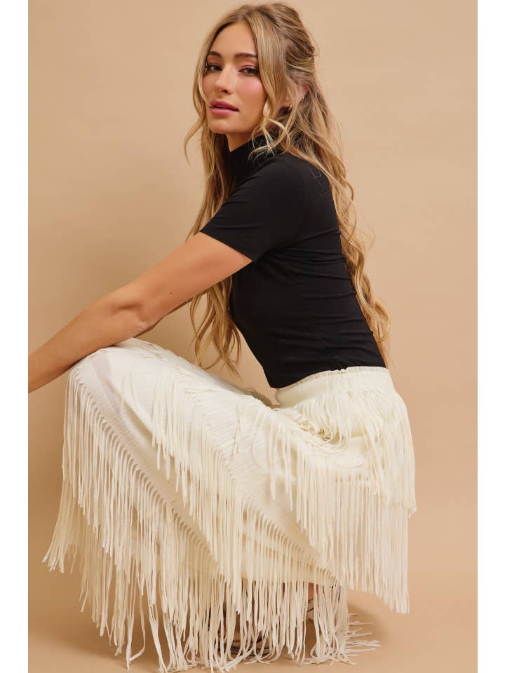 Ivory Tiered Fringe Skirt With Elastic Waist for wholesale on Faire6