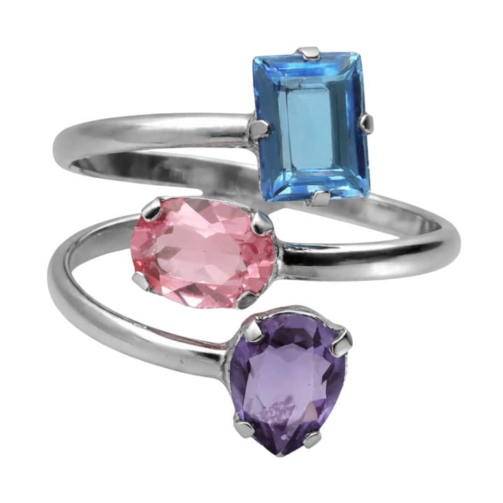 Anillo ajustable espiral con cristal en Plata baño Rodio para venta al por mayor de Victoria Cruz