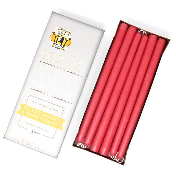 12" Hand Dipped Unscented Taper Candles - 39 Colors USA Made for wholesale by Mole Hollow Candles