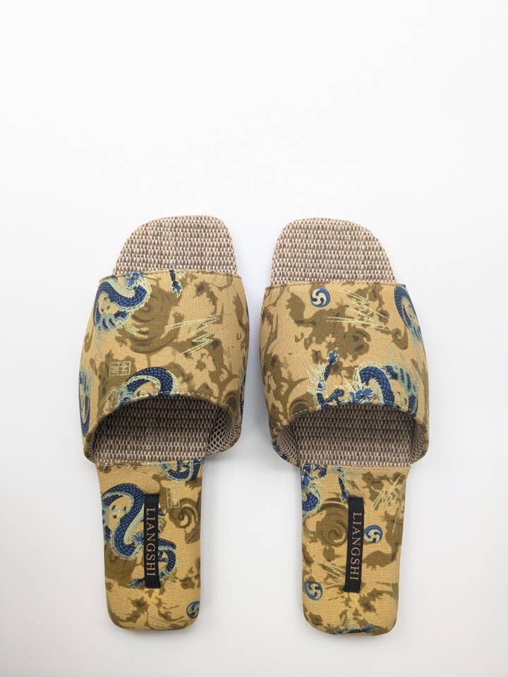 Unisex Embroidered Dragon Slippers - With Woven Hemp - Gold for wholesale by Lian Collection