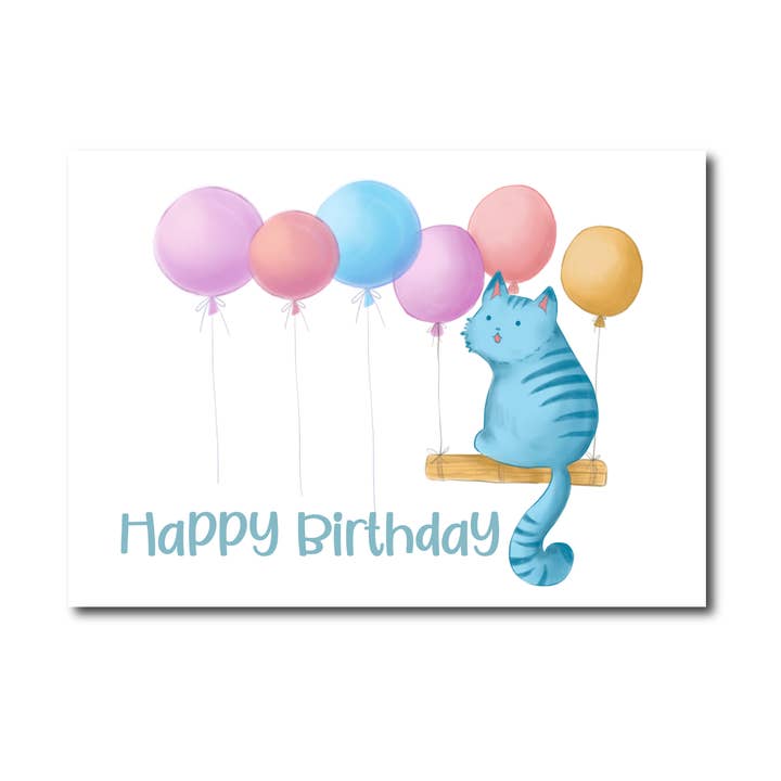Carte postale Joyeux Anniversaire chat bleu pour la vente par Only Happy Things Stationery