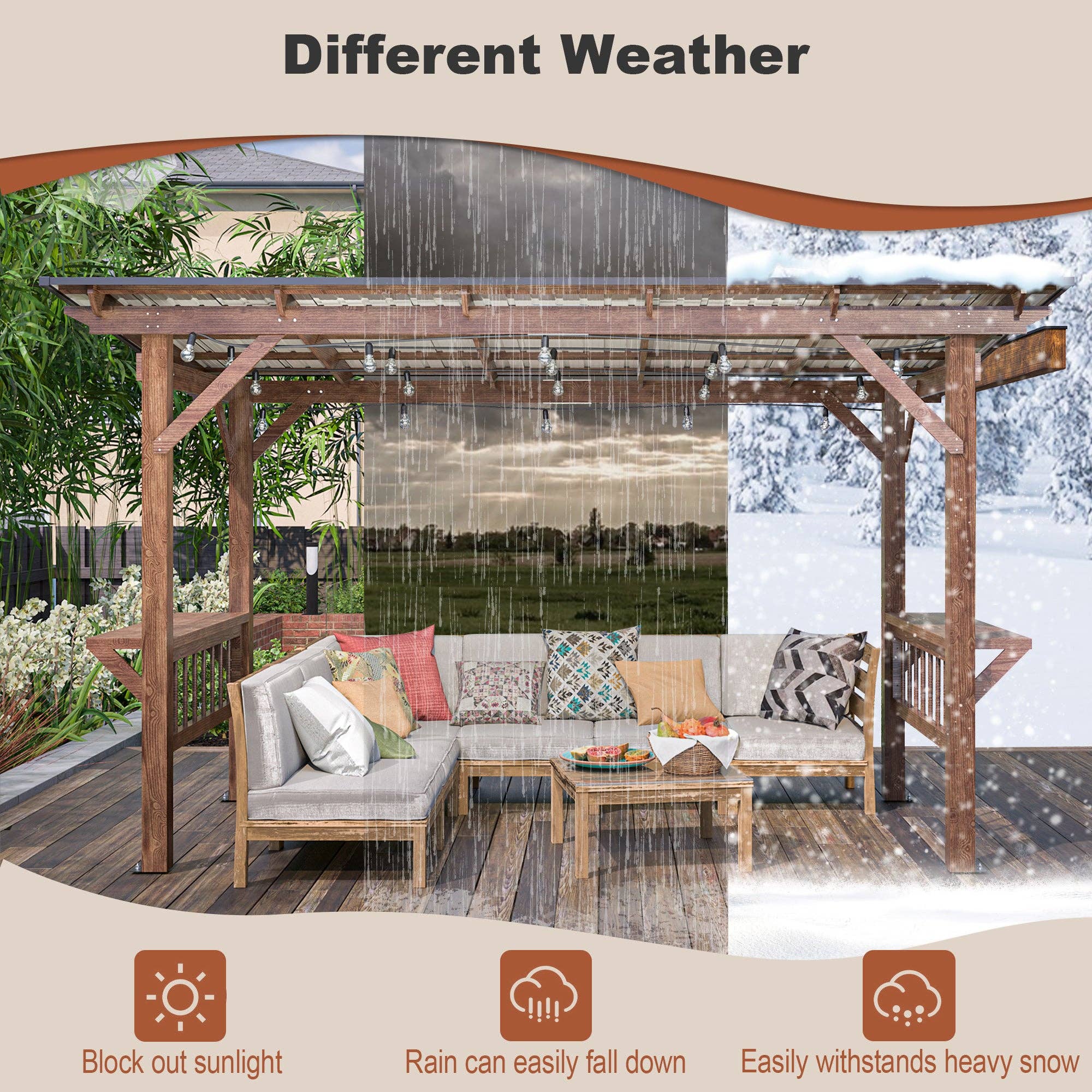 39F Inc. - Wholesale Outdoor Ornament/Decor - 13'x6.5' Wooden Pergola Grill Gazebo w/Metal Roof & Bulbs3