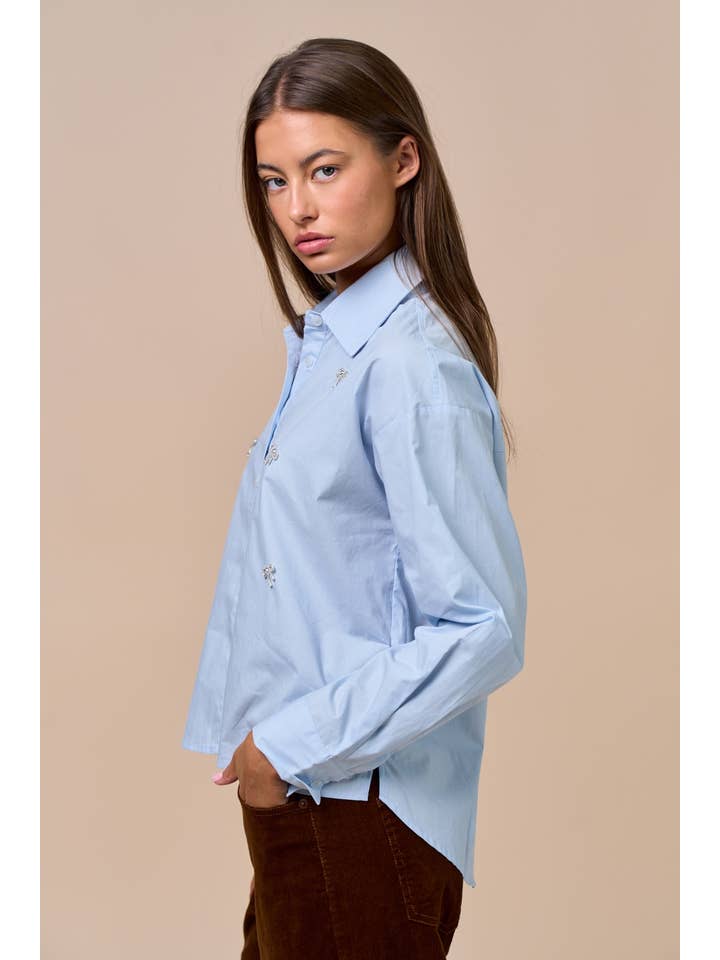 Lalavon - Wholesale Button Down Shirt - Women's - Rhinestone Bow Jewel Button Down Shirt 2