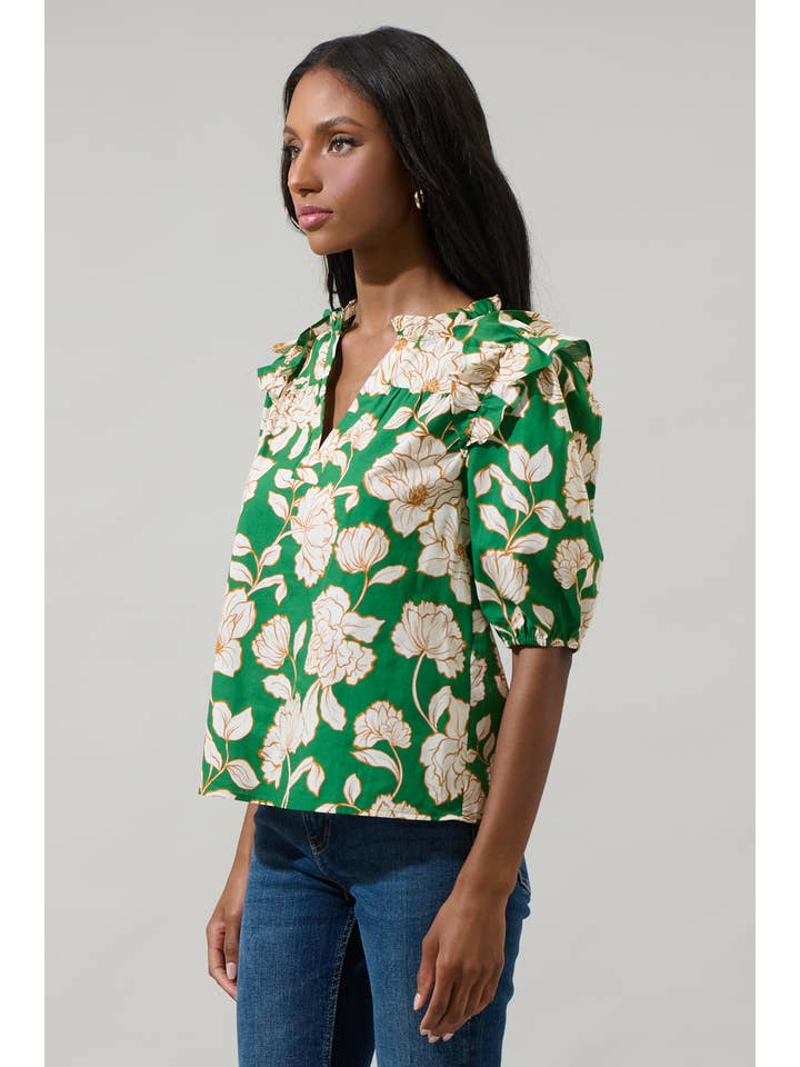 GREEN MULTI Lucena Floral Paz Poplin Short Sleeve Top for wholesale on Faire