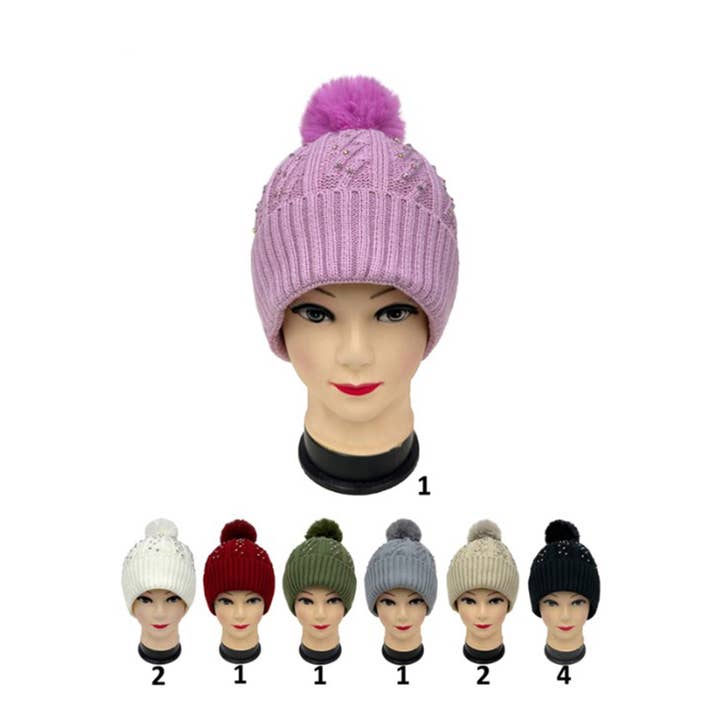 Pom Pom Rhinestone Decor Beanie H20-47 (12PC) for wholesale by TAPA fashion