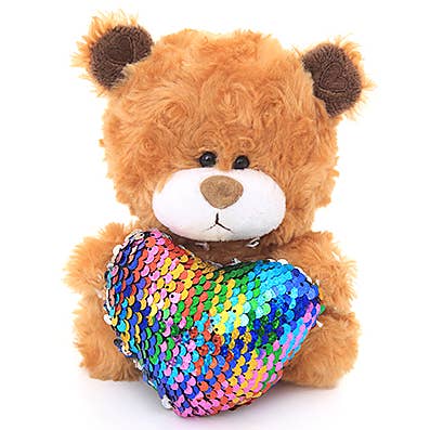 Ours en peluche de 15 cm tenant un cœur à sequins | Animal en peluche pour la vente par Plushland