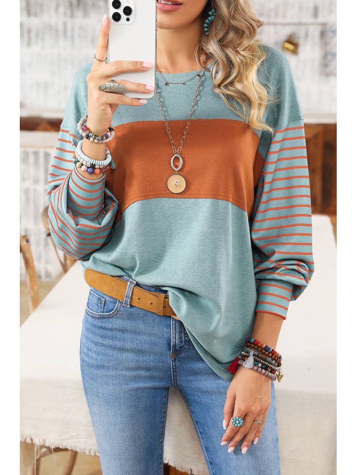 1 the Woman - Wholesale Blouse - Women's - Colorblock Striped Bishop Sleeve Top - 4 Colors3