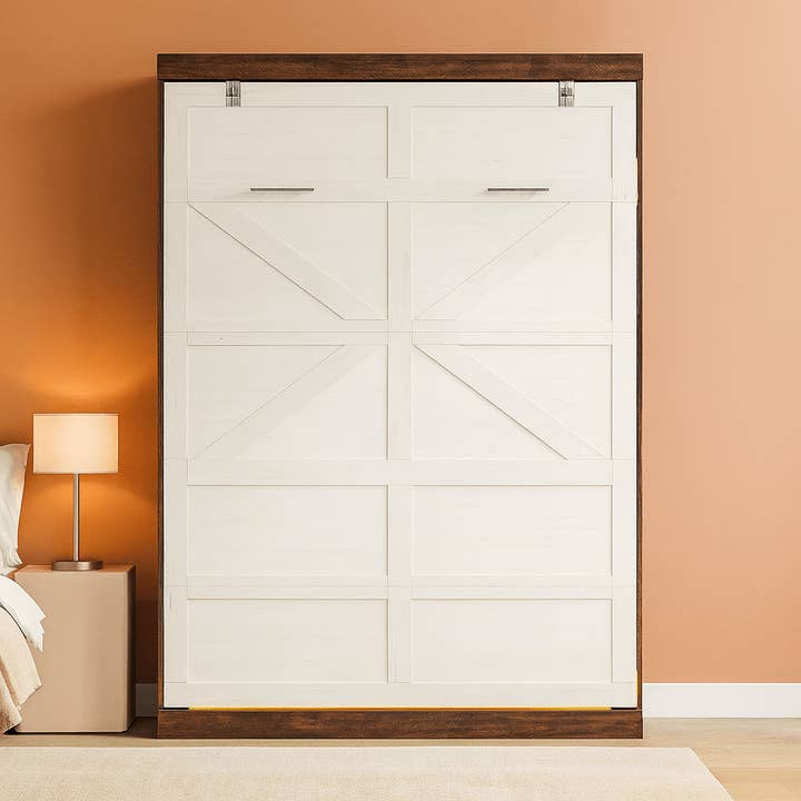 ShipItFurniture - Wholesale Bed - Queen Size Murphy Bed With LED Lights Rustic White Finish1