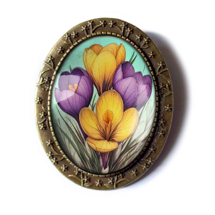 The Divine Iguana - Wholesale Brooch - Spring Crocus Flowers Glass and Bronze Oval Brooch