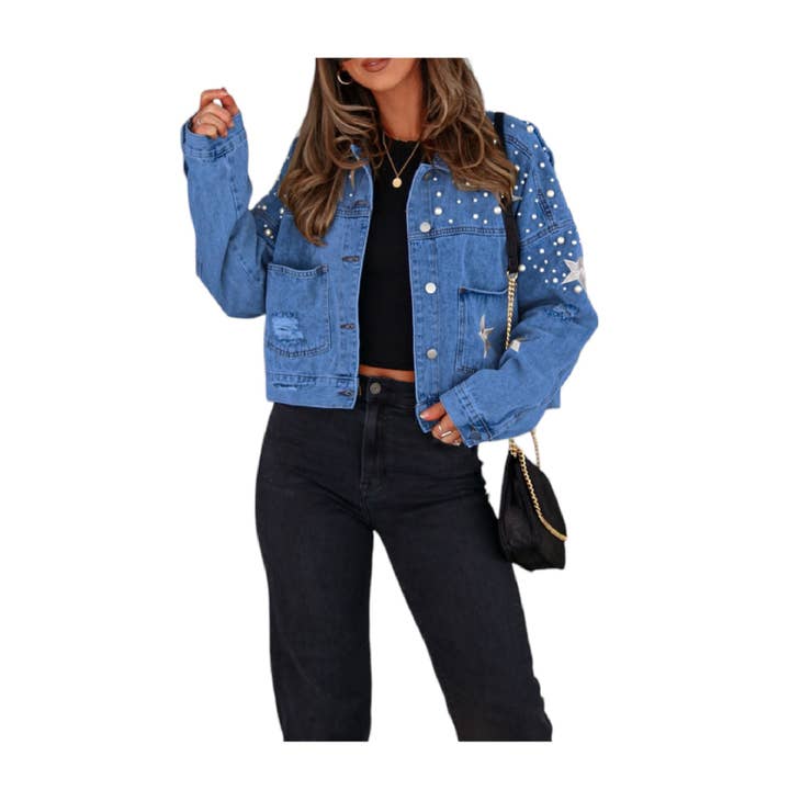 Mapcie - Wholesale Denim Jacket - Women's - STAR DETAIL RIPPED DENIM PEARL JACKET8
