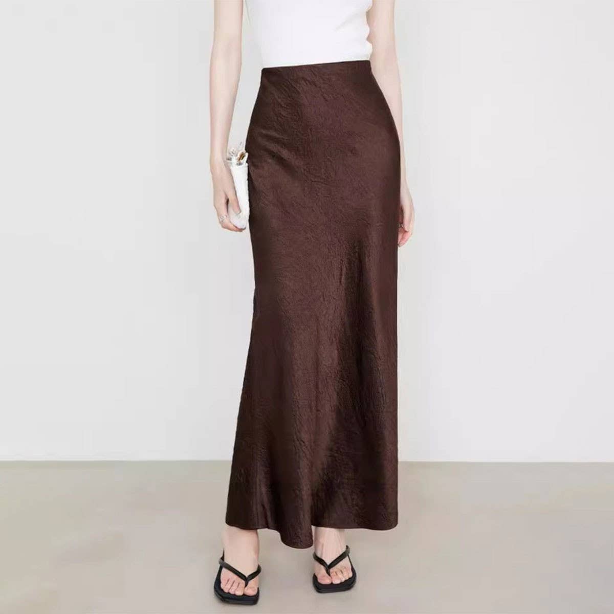 ACCITY - Wholesale Skirt - Women's - SATIN SKIRT HIGH WAIST ELASTIC PATTERN LONG SKIRT_CWBSS03847