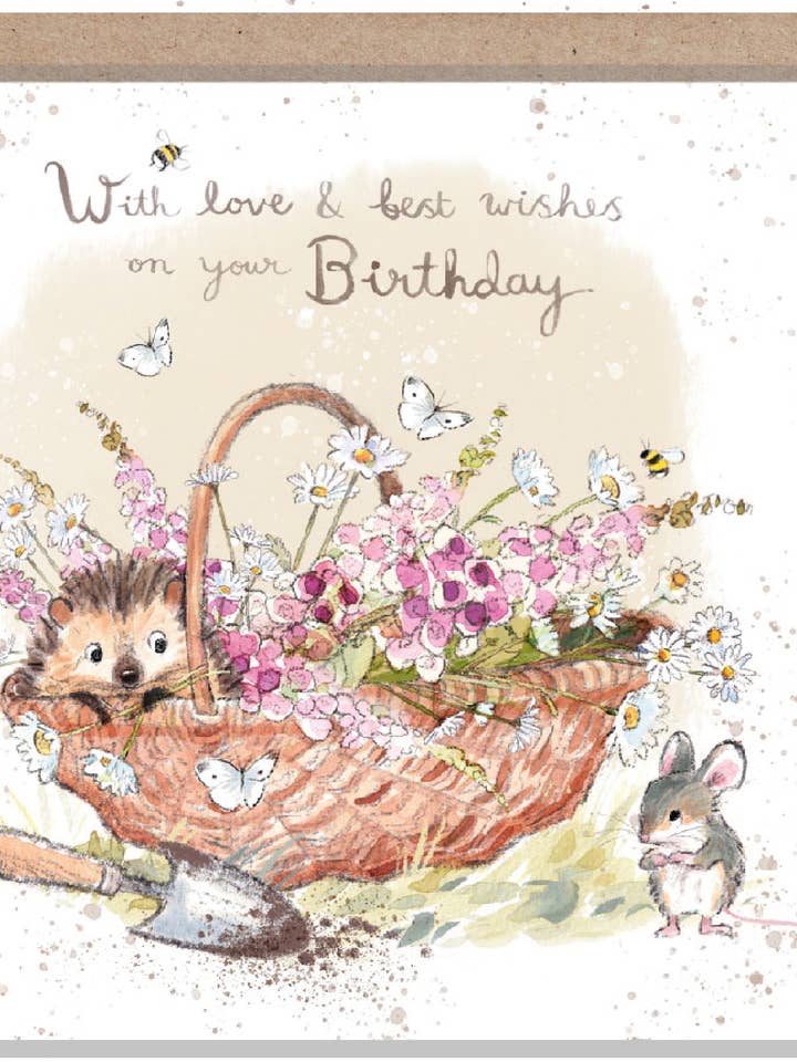 Carte d'anniversaire - hérisson mignon dans un panier de fleurs - MME02 pour la vente par Paper Shed Design Ltd