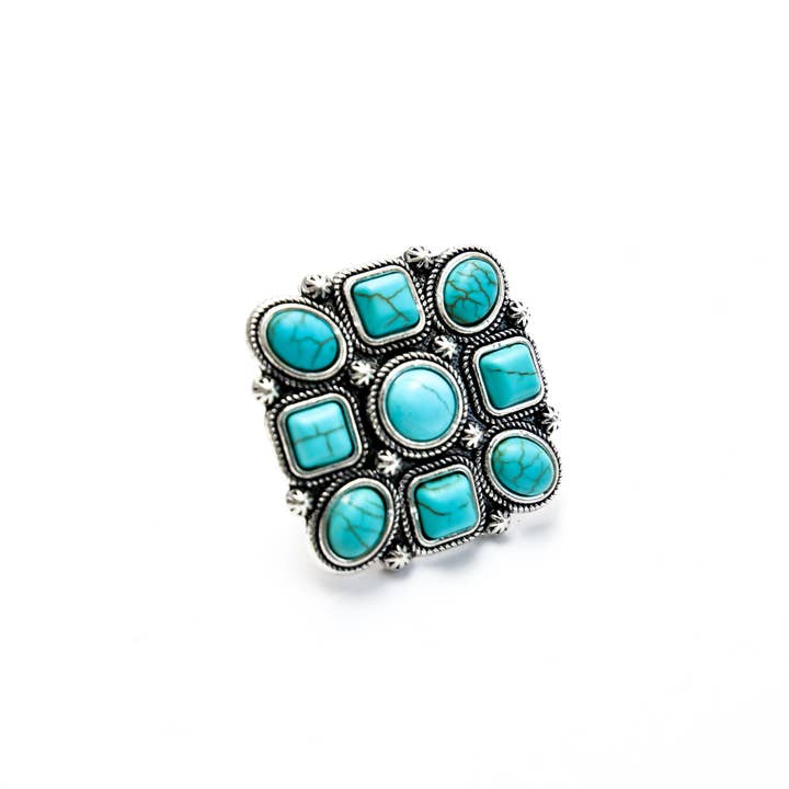 West & Co. - Wholesale Cocktail/Statement Ring - Adjustable Turquoise and Silver Square Multi Stone Ring2