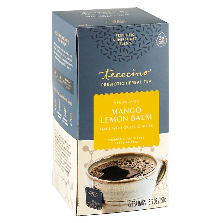 Tisane prébiotique SuperBoost à la mangue et à la mélisse pour la vente par Teeccino