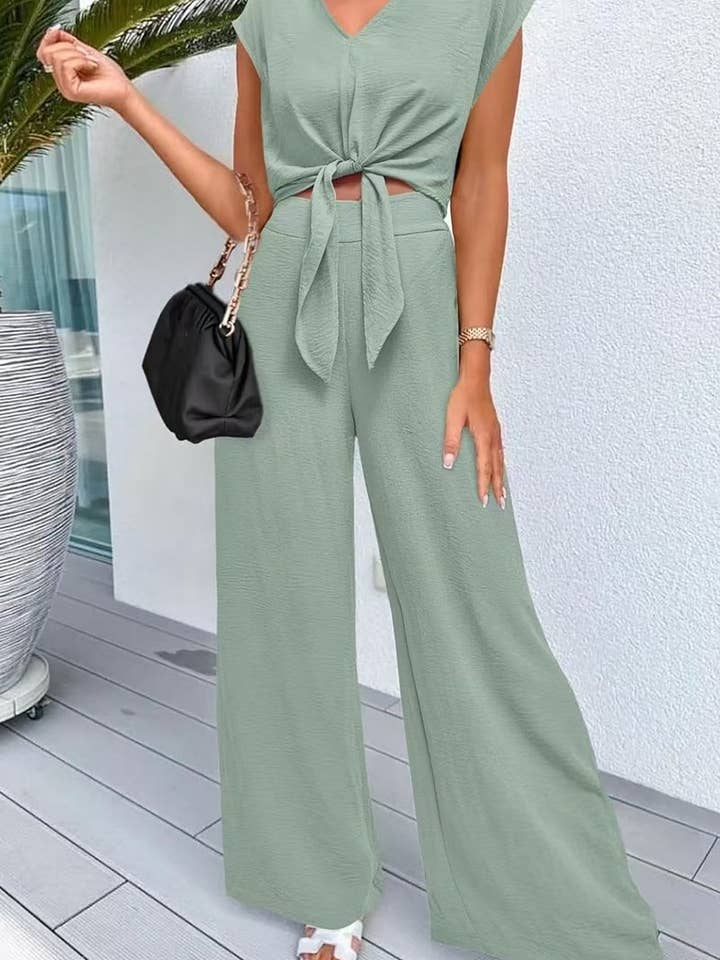 NINEXIS - Wholesale Top & Pant Set (NOT Loungewear) - Women's - CWSS1217_V-NECK TIE CROP TOP HIGH WAIST SLIM WIDE LEG PANTS6